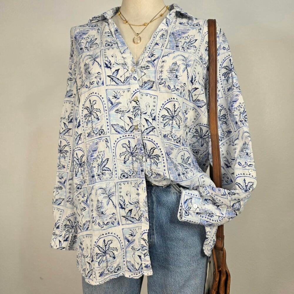 Linen Button Up Shirt Coastal Resort Euro Summer Print Top Blue White Medium
